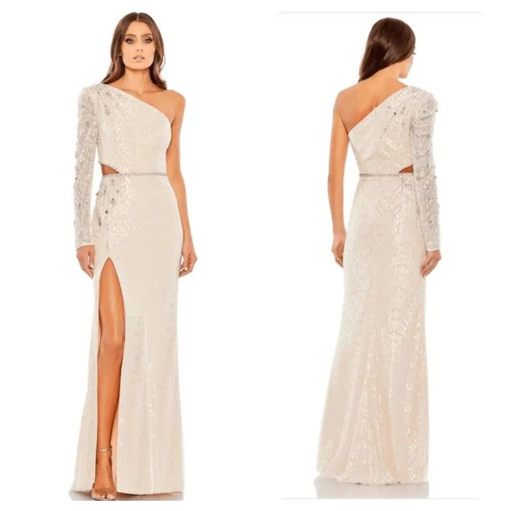 Mac Duggal 11306 Long Sleeve Asymmetric Lace Dress Embellished Nude Size 8 NWT